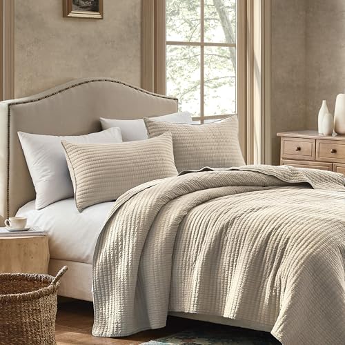 Linen King Size Quilt Set - Warm Yellow Tint, 100% Cotton, Channel Pick Stitch