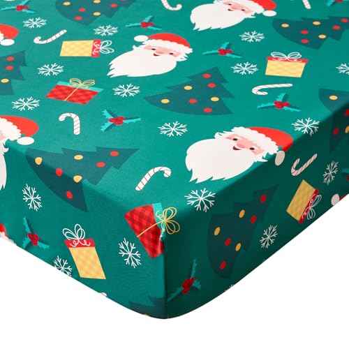 Christmas Crib Sheet for Baby Boys Girls 52 x 28 Inches Santa Claus Fitted Crib Sheets for Standard Crib and Toddler Mattress,Baby Sheet Newborn Bedding Nursery Mattress Cover Soft Green Fitted Sheet