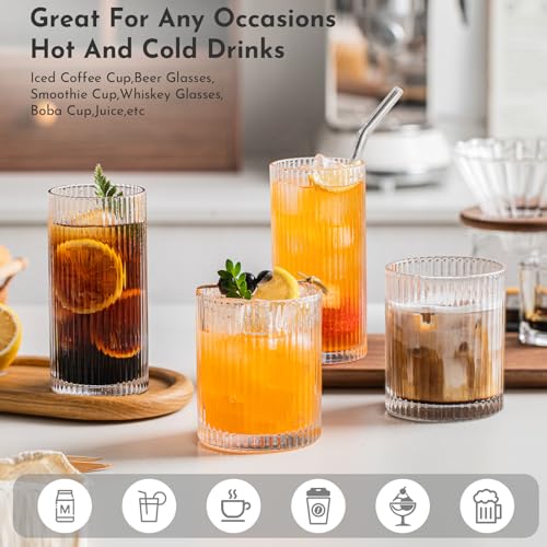 12-Piece Ribbed Glassware Set - Highball & Rocks Glasses for Cocktails & Drinks