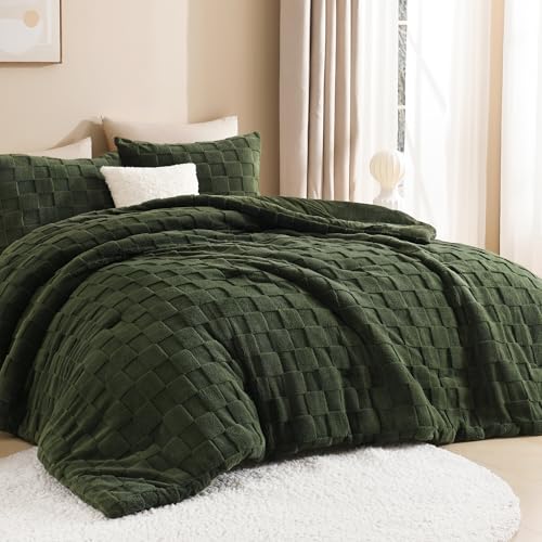 Queen Fluffy Comforter Set with Pillowcases - Olive Green 3-Piece Bedding