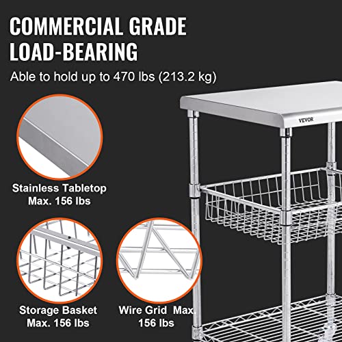 Utility Cart with Drawers - 24"D x 20"W x 36.6"H, 3 Tiers Steel Stationary & Rolling Storage