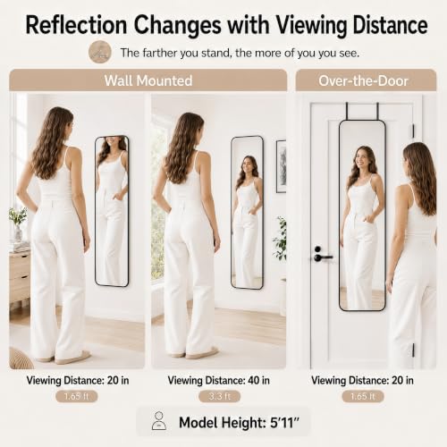 47x14 Inch Full Length Mirror Over the Door Wall Mounted Rope Hang Black Variation