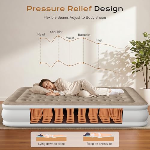 Sebor 13-inch Twin XL Air Mattress with Built-in Pump - Khaki White, Self-Inflating, Durable Guest & Camping Bed