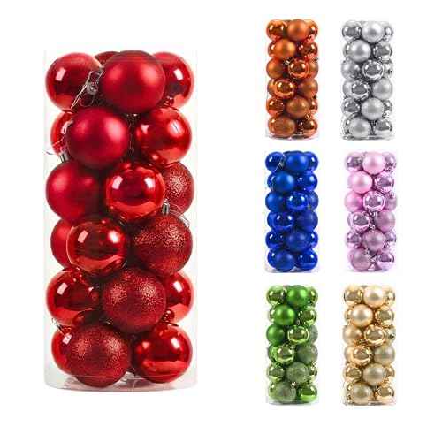 Paramexview¢ç 24 Pcs Christmas Balls Set, 40mm/1.57" inch, Christmas Tree Hanging Shatterproof Ornaments Decoration, Pre-Hooked Hanging Balls, Seasonal Home Decoration for Trees (Red)