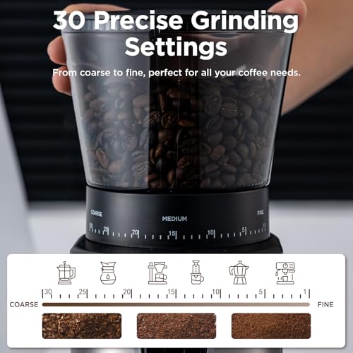 Ollygrin BG702S-PG Electric Conical Coffee Grinder, 30 Grind Settings, Silver & Black