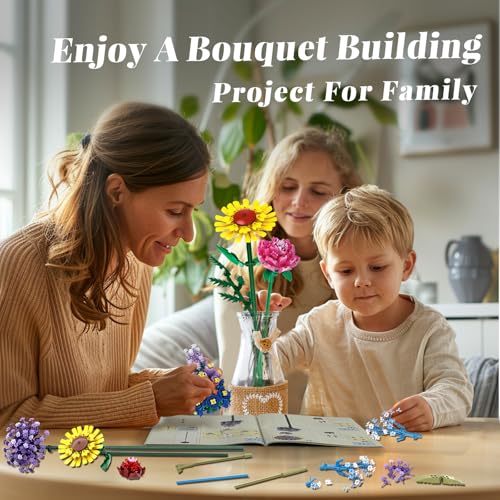 BrickTribe Dual Flower Bouquet Building Set with Vase - Sunflowers & Roses, Creative Home Decor Gift for Women & Adults