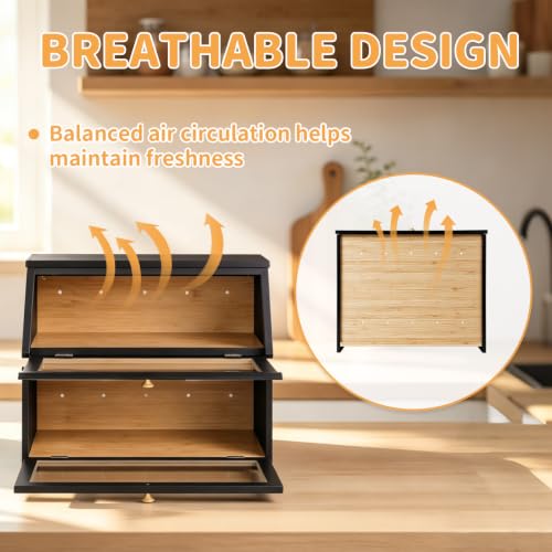 HOMEKOKO Double Layer Wooden Bread Box, Keep Fresh Longer, Black