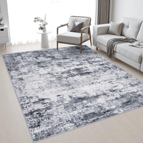 Grey 5x7 Modern Washable Indoor Rug for Living Room - Soft Non-Slip Carpet
