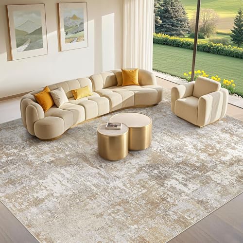 8' x 10' Washable Area Rug for Living Room - Modern Abstract Neutral Large Soft Non Slip Carpet - Beige Brown