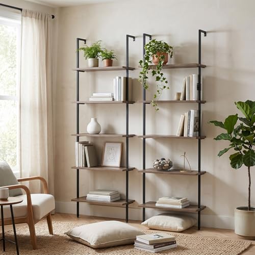 Rustic Brown 5-Tier Wall-Mounted Ladder Shelf Set - Industrial Wood Bookcase, 2PCS