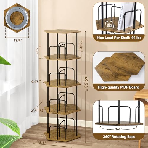 SUNMORY Brown 4-Tier Rotating Hexagonal Corner Bookcase, Spinning Tower Shelf