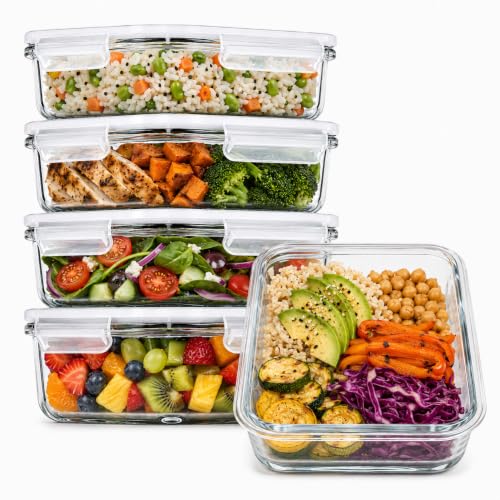 Glass Meal Prep Containers 36oz 5 Pack - 1 Compartment, Airtight Lids