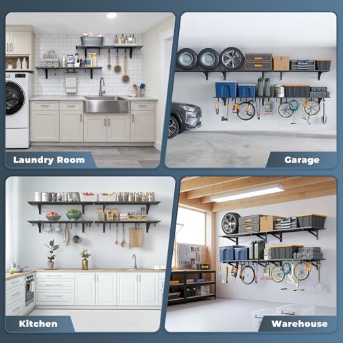 2 Pack Wall Mounted Garage Shelving with 8 Hooks - 1.5x4ft Heavy Duty Steel Storage Racks