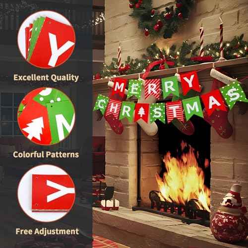 AHEONLAR Merry Christmas Banner, Red Green Xmas Decorations Paper Banner Sign With String for Fireplace/Wall/Window, Christmas Home Office Decor Banners, Christmas Party Banner for Holiday Decoration