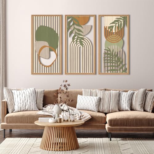 Large Boho Wall Art Set - Green Framed Abstract Leaf Wooden Decor 16x32 Inches