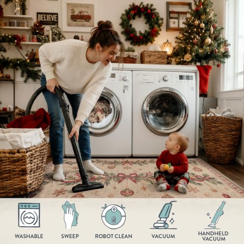 Lahome 2x6 Christmas Runner Rug - Non Slip Faux Jute Hallway Kitchen with Evergreen Bows Snowflakes
