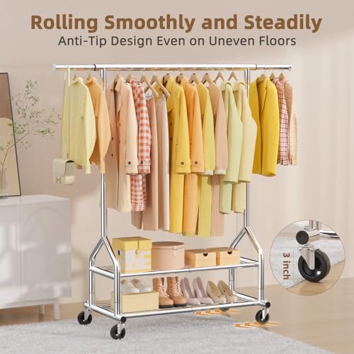 Silver Heavy Duty Clothes Rack with 2 Shelves, Adjustable Height & Wheels, 556 lbs Capacity