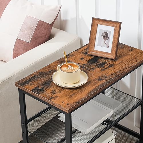 HOOBRO Rustic Brown & Black 3-Tier Narrow End Table with Adjustable Shelves