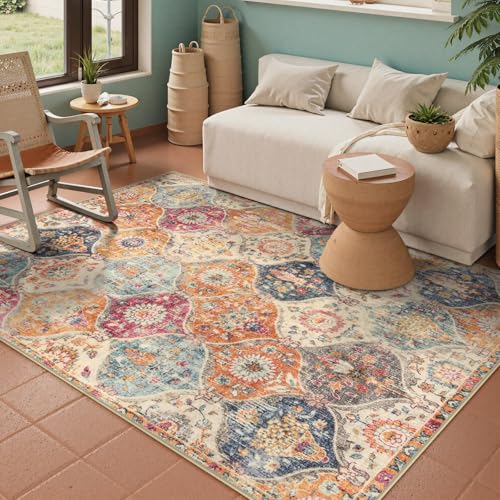 Lahome Moroccan Washable Area Rug 3x5 Burnt Orange/Teal Multi Vintage Style
