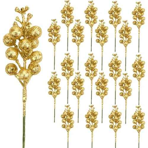 DIYASY Glitter Gold Berry Stems,20 Pcs 7.8 Inch Artificial Christmas Tree Picks Decoration and Christmas Tree Filler Ornaments,DIY Xmas Wreath, Holiday and Home D?cor