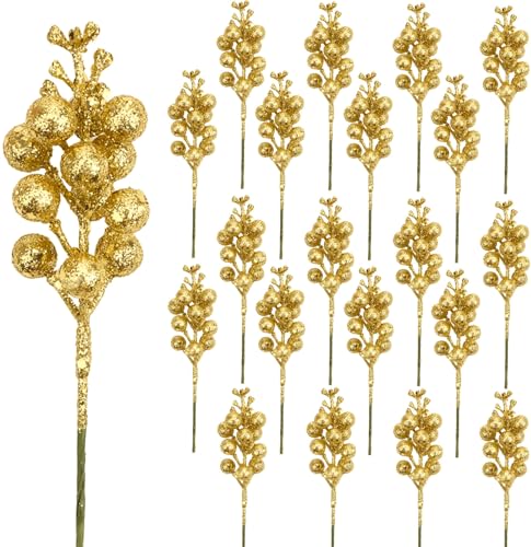 DIYASY Gold Glitter Berry Stems - 20 Pcs Artificial Christmas Tree Picks & Wreath Decor