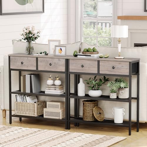 HOOBRO Greige & Black Narrow Console Table with 2 Fabric Drawers, 29.5" Entryway Storage