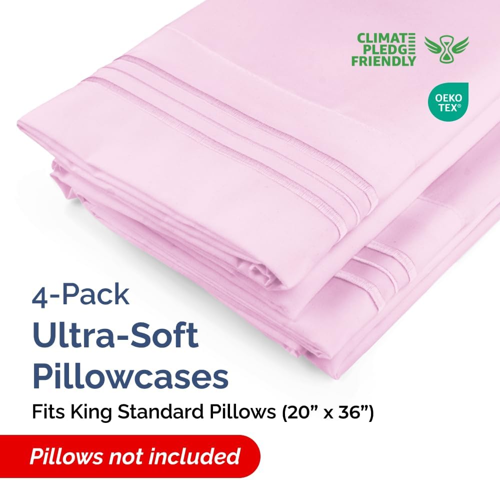 King Standard Pillow Cases - Soft Hotel Quality Pillowcase Covers | Comfy & Machine Washable - Light Pink, Set of 4