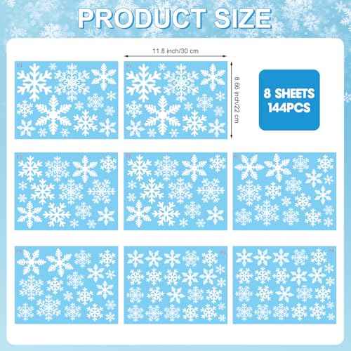 144 Pcs Christmas Window Clings for Glass Windows - 8 Sheets Static Snowflakes Christmas Window Decorations, Xmas Holiday White Snow Flakes Window Stickers Decals for Party Home Winter Indoor Decor
