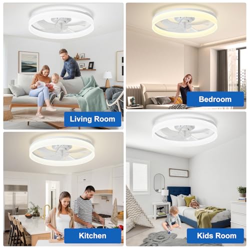 White 20-Inch Ceiling Fan with Lights and Remote Control - Modern Low Profile Design
