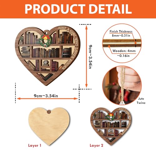 V VIBEPY All Over Printed, Book Lovers Ornaments, Bookshelf Heart Christmas Book Ornament 3.2"x3.5" 2 Layer, Gift for Girl Book Lovers, Gift Idea for Christmas