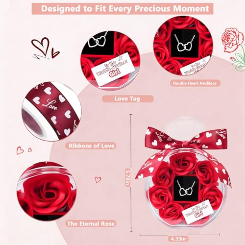 Red Gifts for Girlfriend - Romantic Rose & Heart Necklace Set for Christmas, Valentines, Birthday