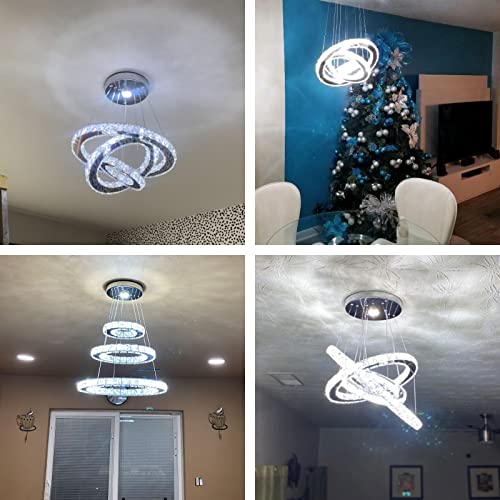 Diisunbihuo 3-Ring LED Crystal Chandelier for Dining Room Silver, Cool White Variation