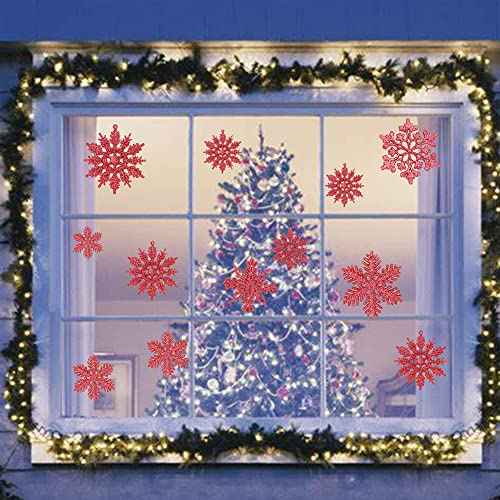 36Pcs Red Snowflake Ornaments, Plastic Glitter Snow Flakes Ornaments for DIY Winter Christmas Tree Decorations,New Year Party Home Decorations