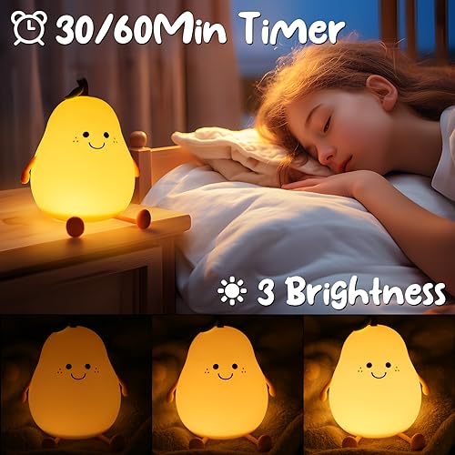 Night Light Pear Cute LED Nursery Nightlight Lamp, Tap Control Squishy Silicone, USB Rechargeable Bedside Lamp for Bedroom, Warm White & 7 Colors, Christmas Gift