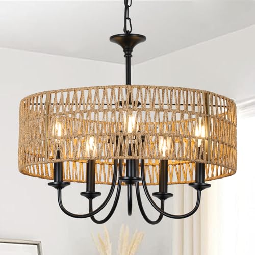 Black Farmhouse Chandelier Light Fixture - 5-Lights Rattan Pendant for Dining Room & Living Room