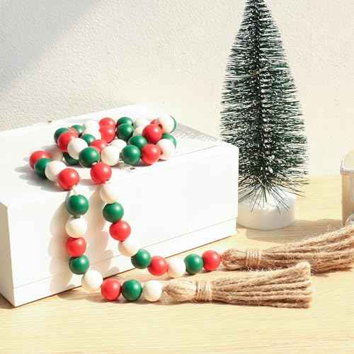 Christmas Wood Bead Garland,39in Farmhouse Beads with Tassels Tiered Tray Decor Wall Hanging Home Ornaments for Christmas Tree Decorations