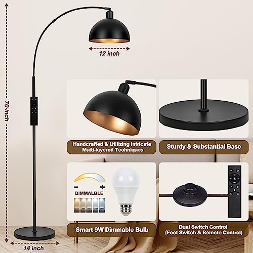 VenzBlomia Black Dimmable Arc Floor Lamp with Remote Control & 2700-6000K LED Bulb