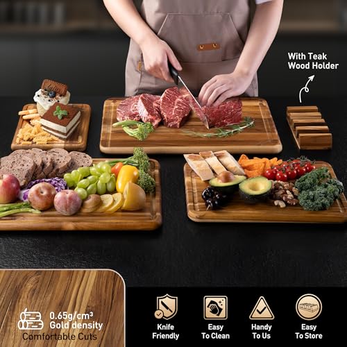 Multi-Size Teak Cutting Board Set - 4-Pack with Holder, Non-Slip Base