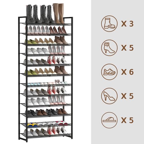 Black 12-Tier Metal Shoe Rack Organizer for Closet, Entryway, Garage - Adjustable Shelves, Tall Shoe Storage Solution