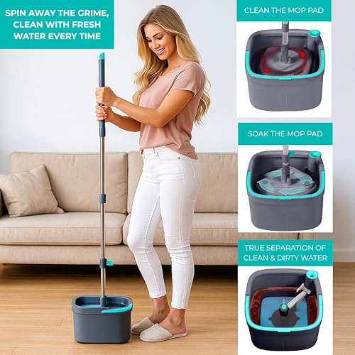 True & Tidy Spin Mop System - Dual Compartment, 360° Swivel, Microfiber Pads - Standard Version