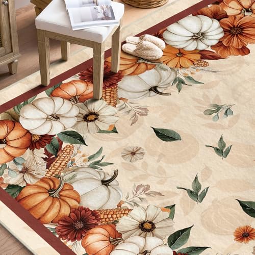 Artoid Mode Fall Area Rug 5x7 Feet with Pumpkins and Floral Design - Beige, Non-Slip Home Decor