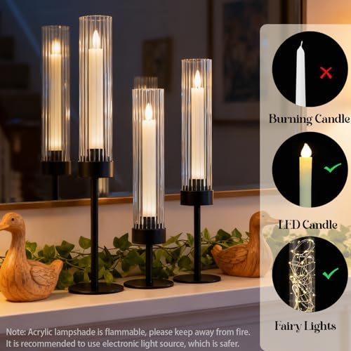 Metal & Acrylic Taper Candle Holders with Ribbed Design - Hurricane