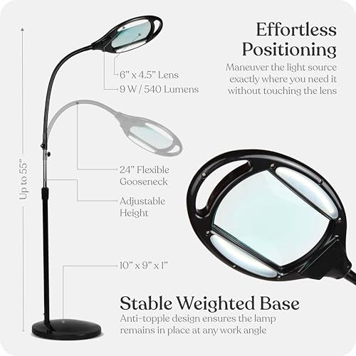 Brightech LightView Pro Floor Lamp with 3 Diopter Magnifier - Hands-Free LED Reading & Work Light, Black