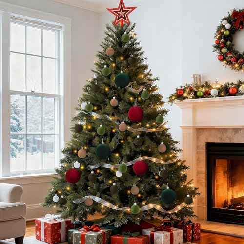 Uspring 44 Pcs Velvet Christmas Ornaments Set - 1.57 & 3.15 Inch Flocked Ornaments Shatterproof Christmas Balls for Xmas Tree Holiday Wedding Party with Pre-Tied Hanging Strings, Red, Green