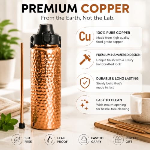Kamojo Copper Water Bottle 32 oz with Black Insulating Sleeve & Straw - Handcrafted Ayurvedic Design