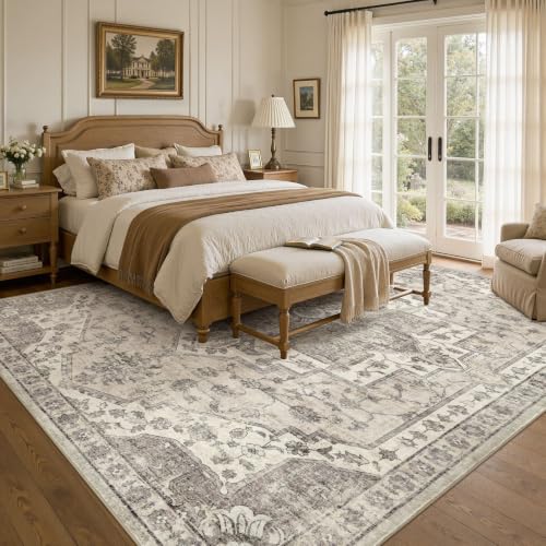 9x12 Beige Washable Vintage Area Rug for Living Room Non-Slip Carpet