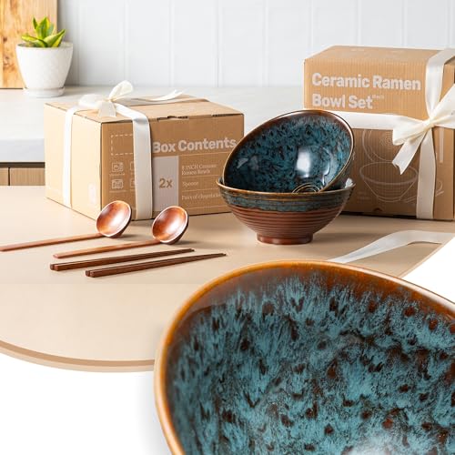 8 Inch Ceramic Ramen Bowl Set of 2 with Spoons & Chopsticks - Verdigris Green