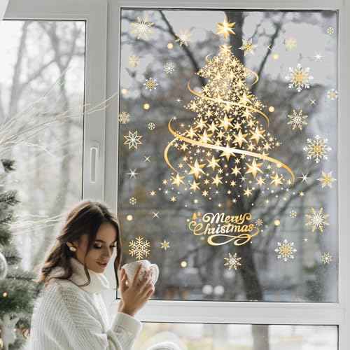 Large Christmas Window Clings for Glass Windows, Golden Christmas Tree Window Stickers Decals for Winter Holiday Door Wall Home Office Party Decorations