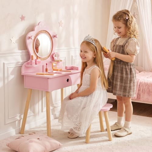 Kids Vanity Set with Mirror and Accessories - Toddler Dress-Up Furniture