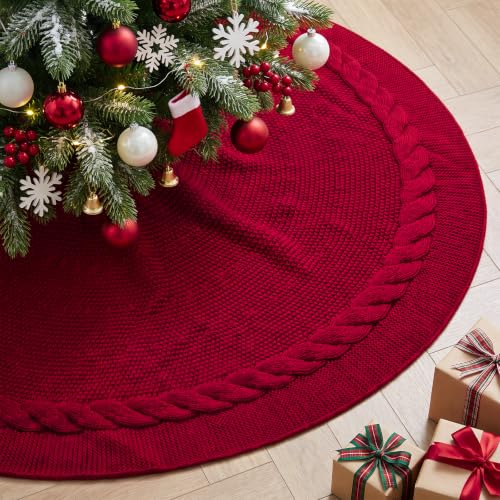 Benjia 60 Inch Red Knitted Christmas Tree Skirt for Large Artificial Trees
